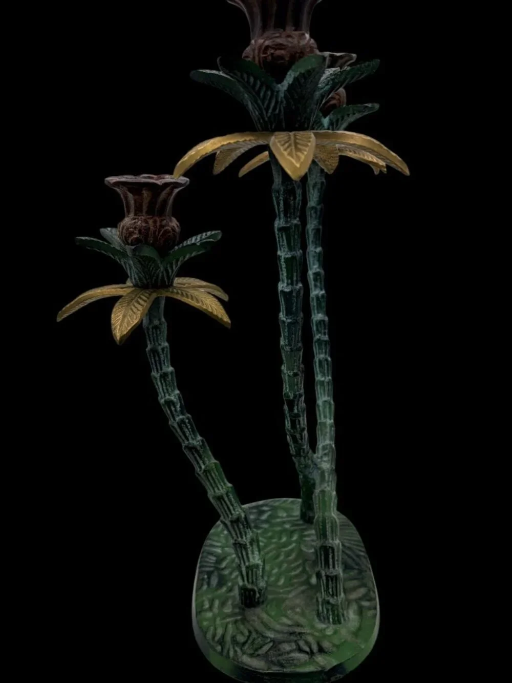 Vintage 1970s Tropical Palm Tree Cast Iron Candelabra Candle Holder